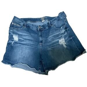 Maurice’s Woman’s Mid Rise Denim Blue Distressed Shorts Size 20 Frayed‎ Hem
